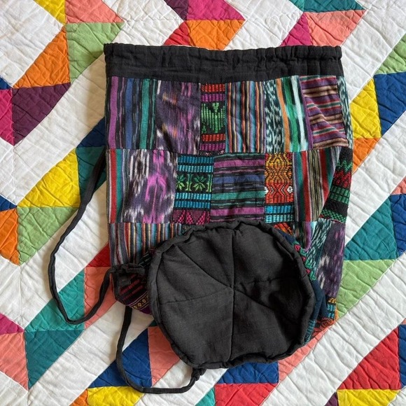 Multicolored Patchwork Drawstring Backpack Guatemalan Textile - Picture 3 of 8